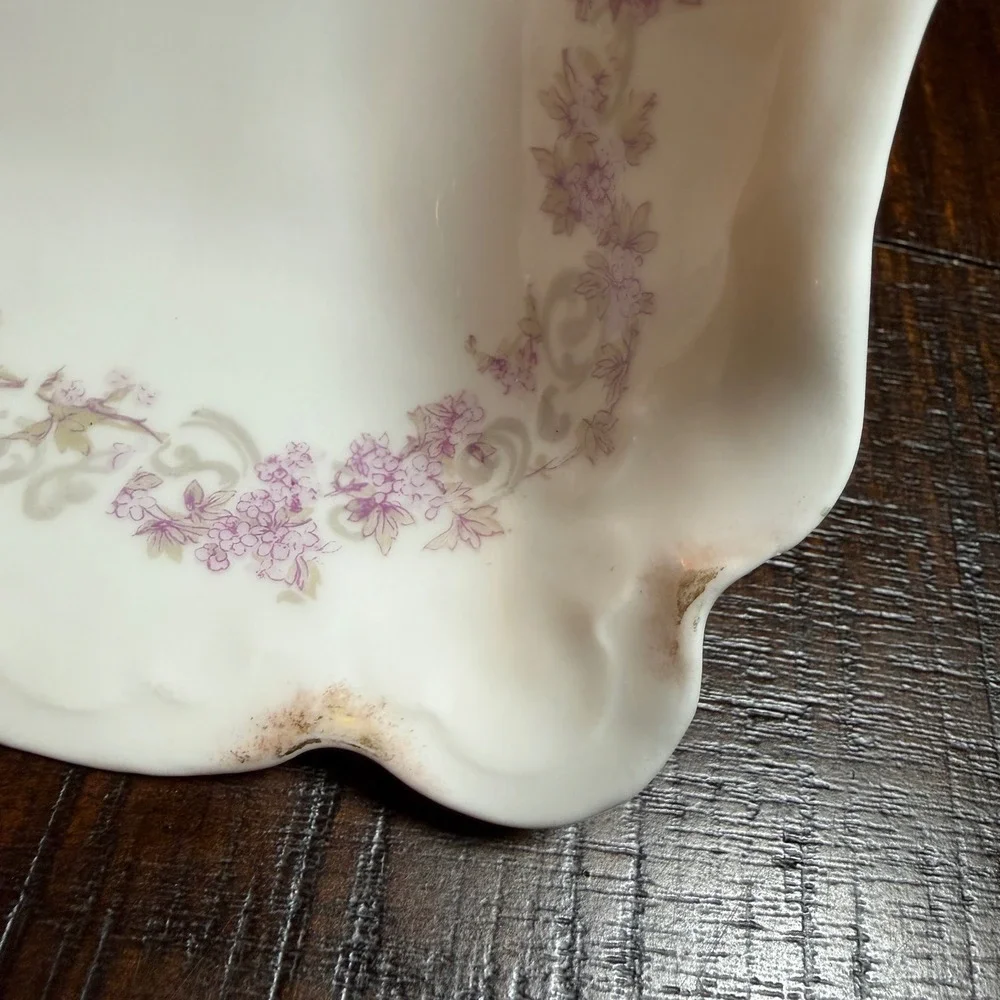 A. Lanternier Limoges Antique Celery Relish Dish Floral Scalloped Gold Puple VTG